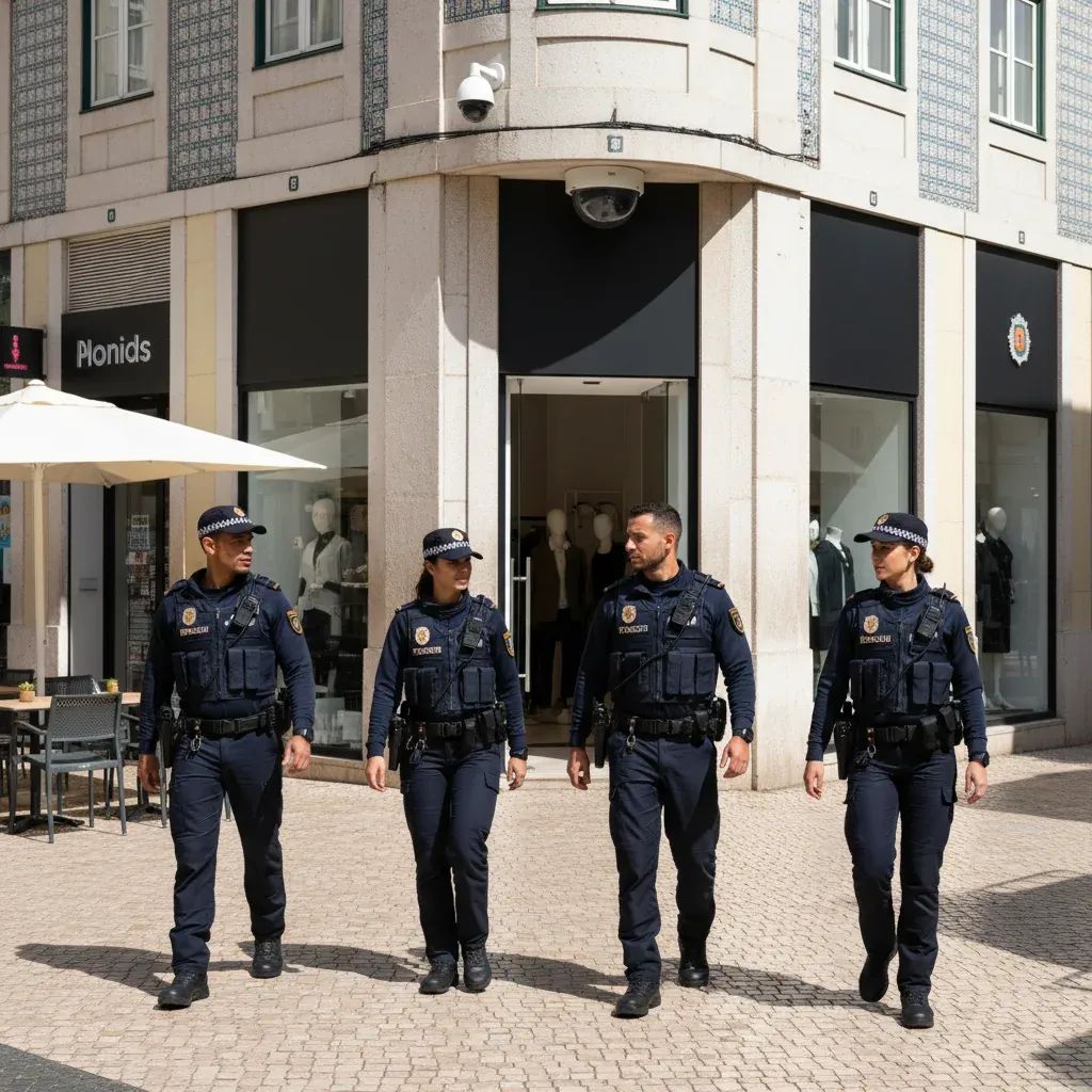 Police officers patrolling commercial district with surveillance camera visible on street corner