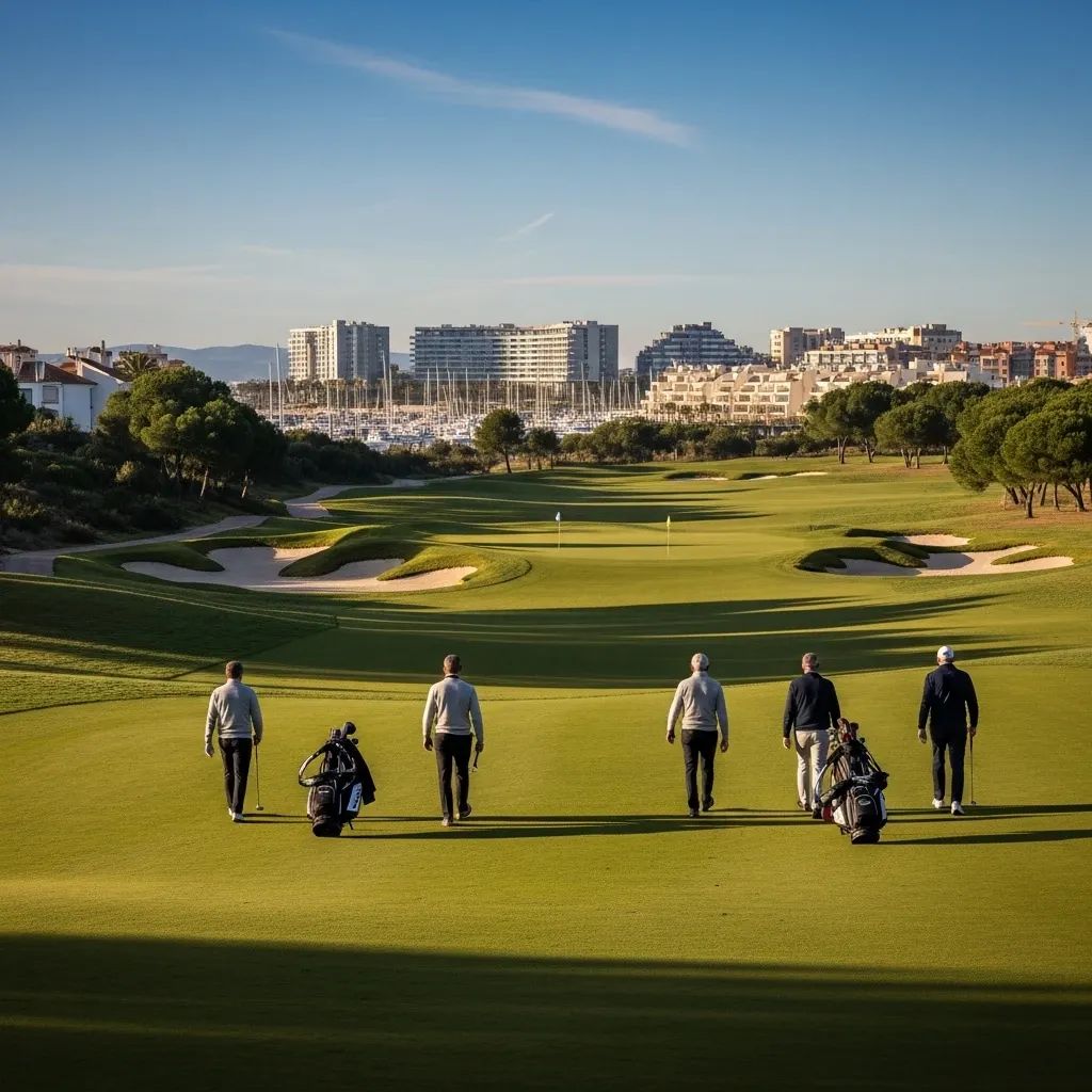 Golfers in jumpers on a green winter golf course in Vilamoura with marina buildings and clear sky