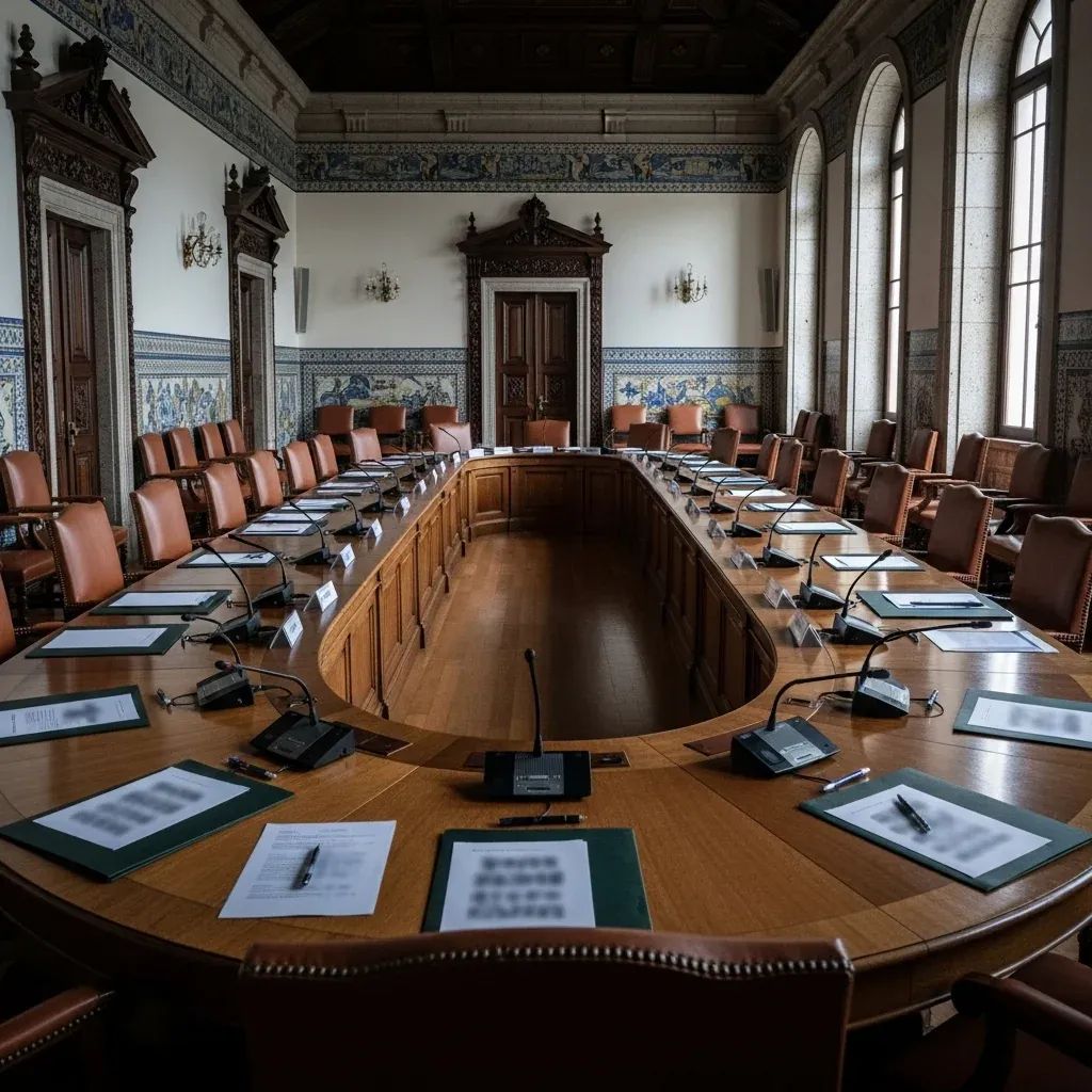 Oval table with documents and microphones in a presidential council room