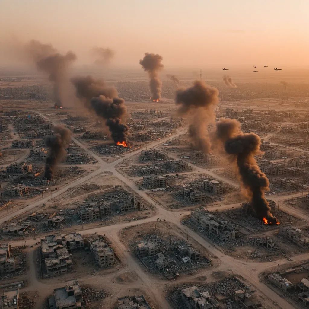 Aerial view of Middle Eastern city with military conflict impact and damage, representing regional crisis and international tensions