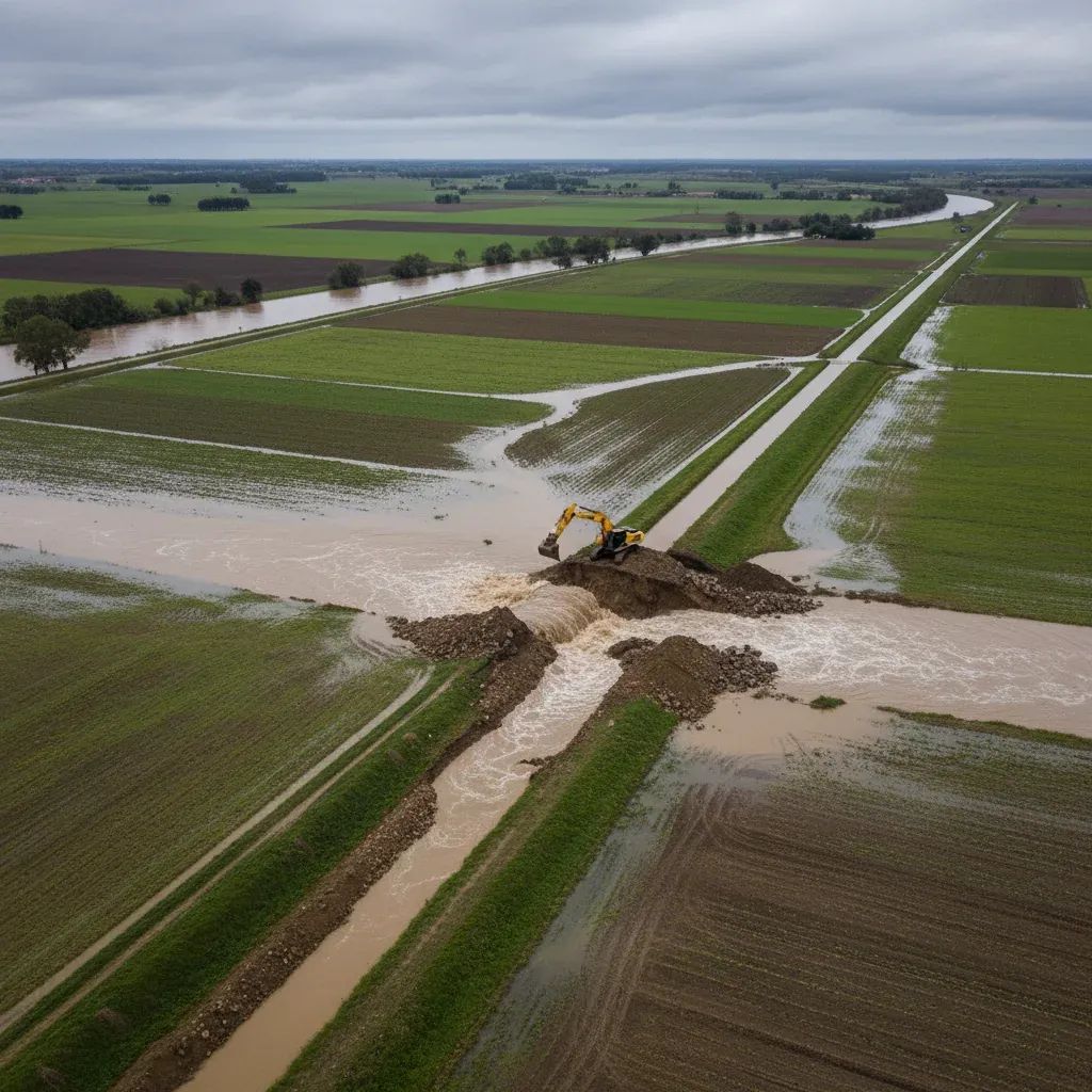 Aerial view of breached Mondego irrigation canal with excavator repairing levee amid flooded Portuguese farmland