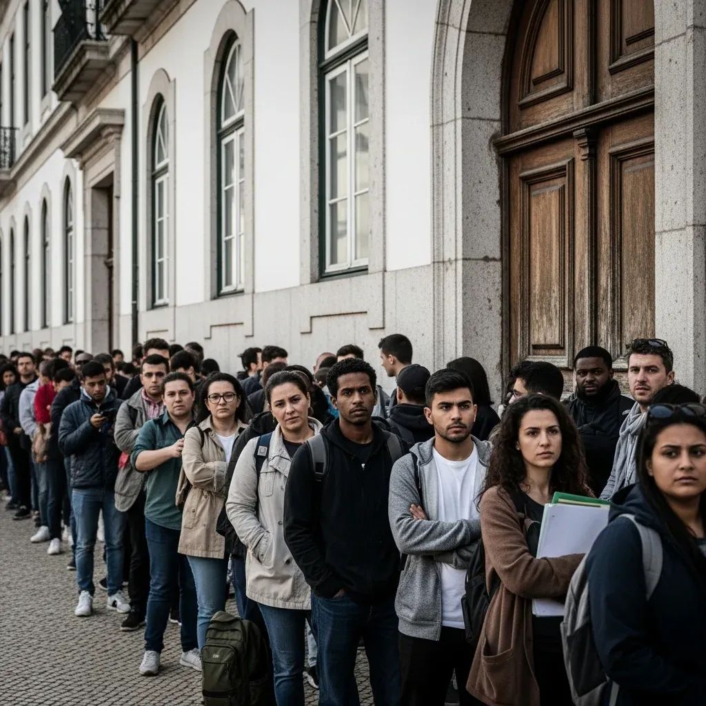 Diverse group of people in line outside a Portuguese government building awaiting citizenship application