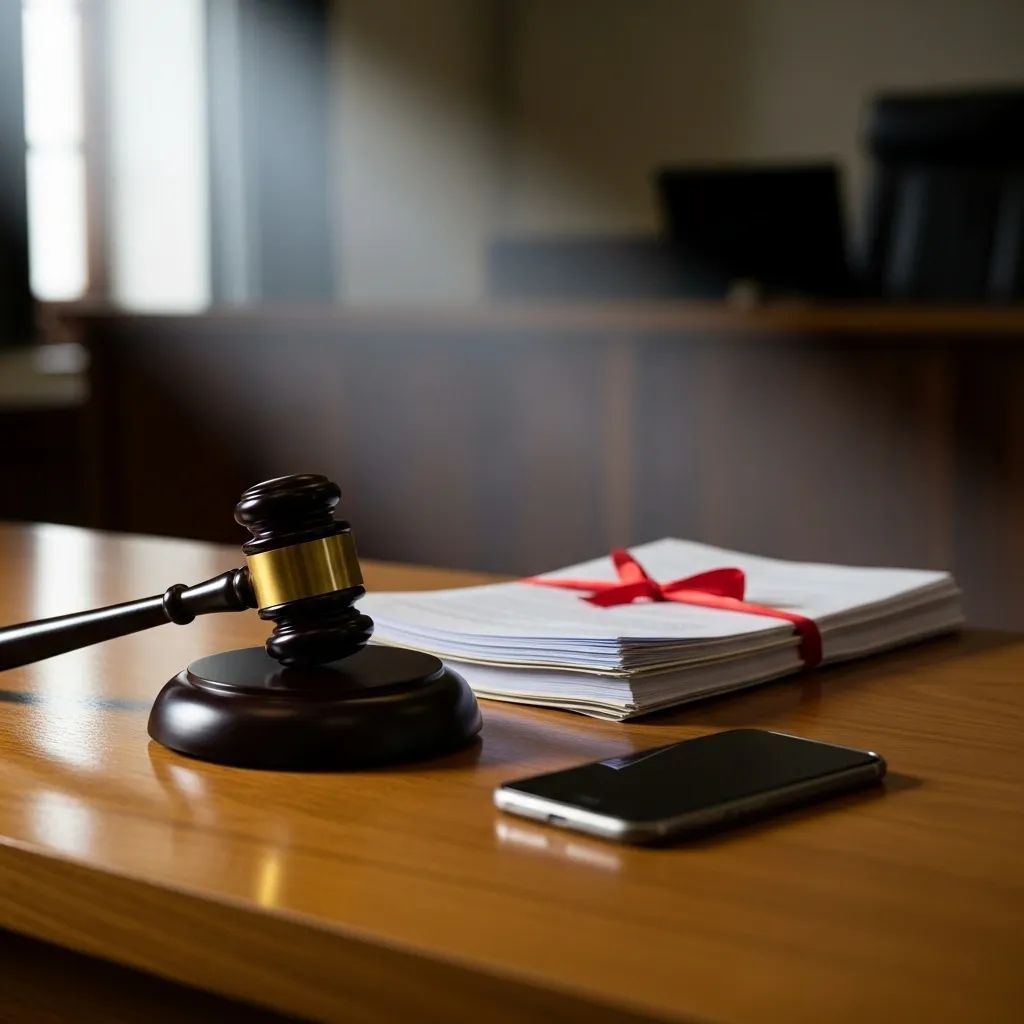 Judge's gavel next to smartphone and legal files in a Portuguese courtroom