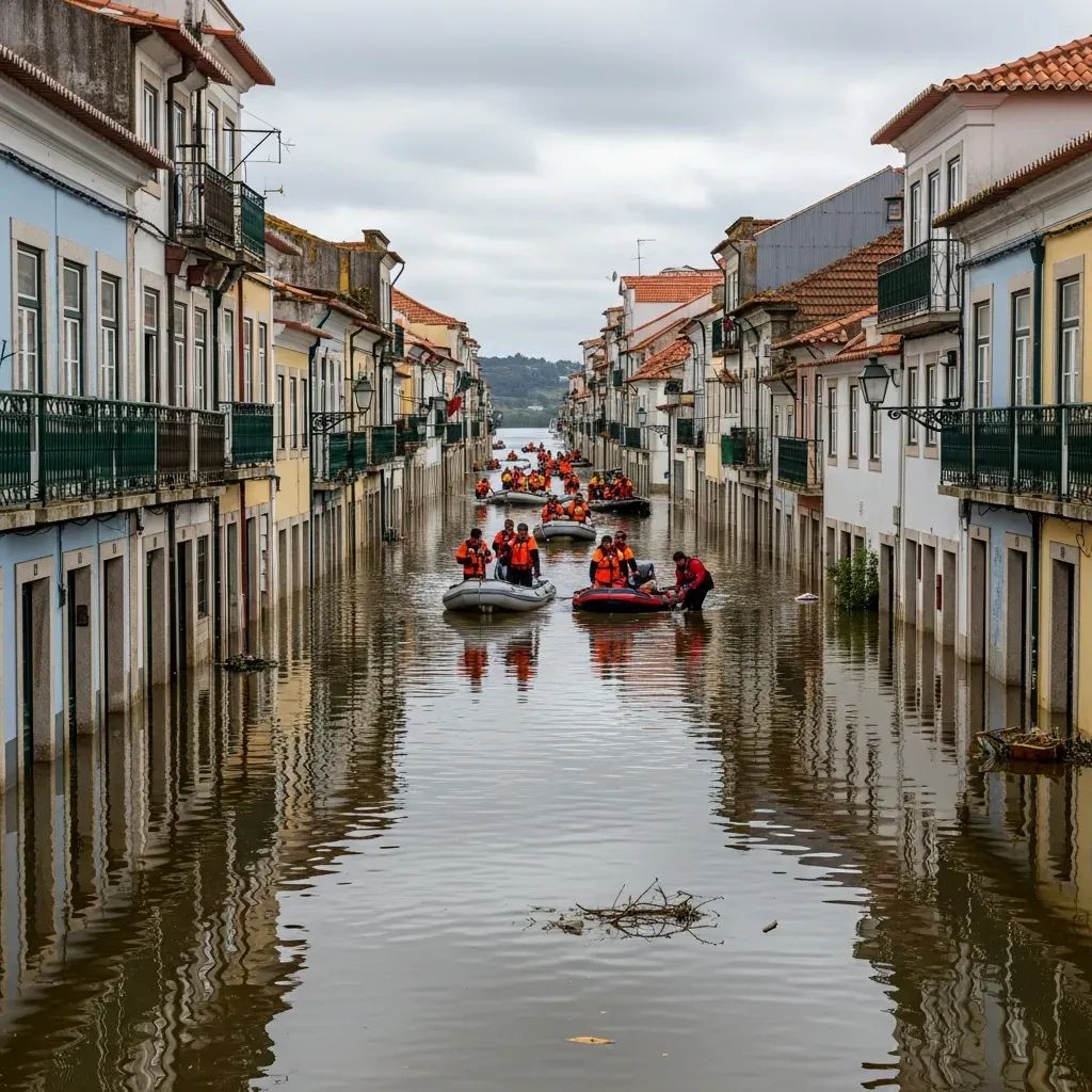 Flooded street in Alcácer do Sal with water reaching door handles and rescuers with boats