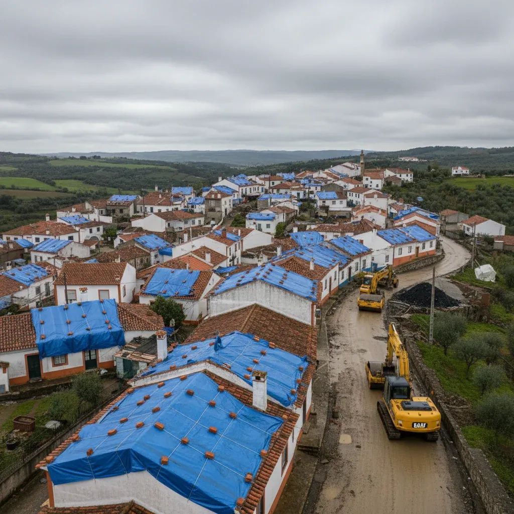 Aerial view of storm-damaged Portuguese village with blue-tarped roofs and repair crews