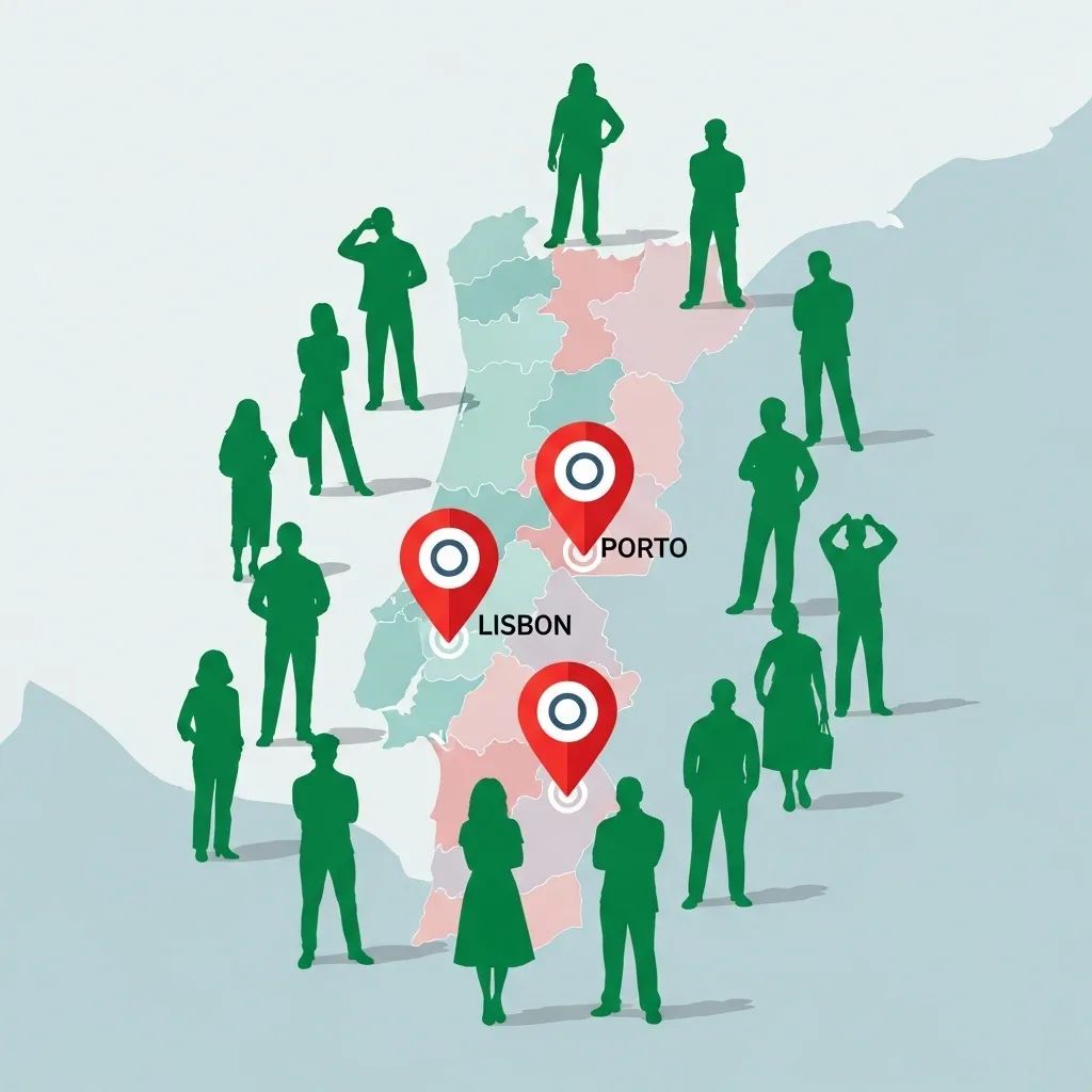 Infographic map of Portugal highlighting Lisbon and Porto with voter icon silhouettes