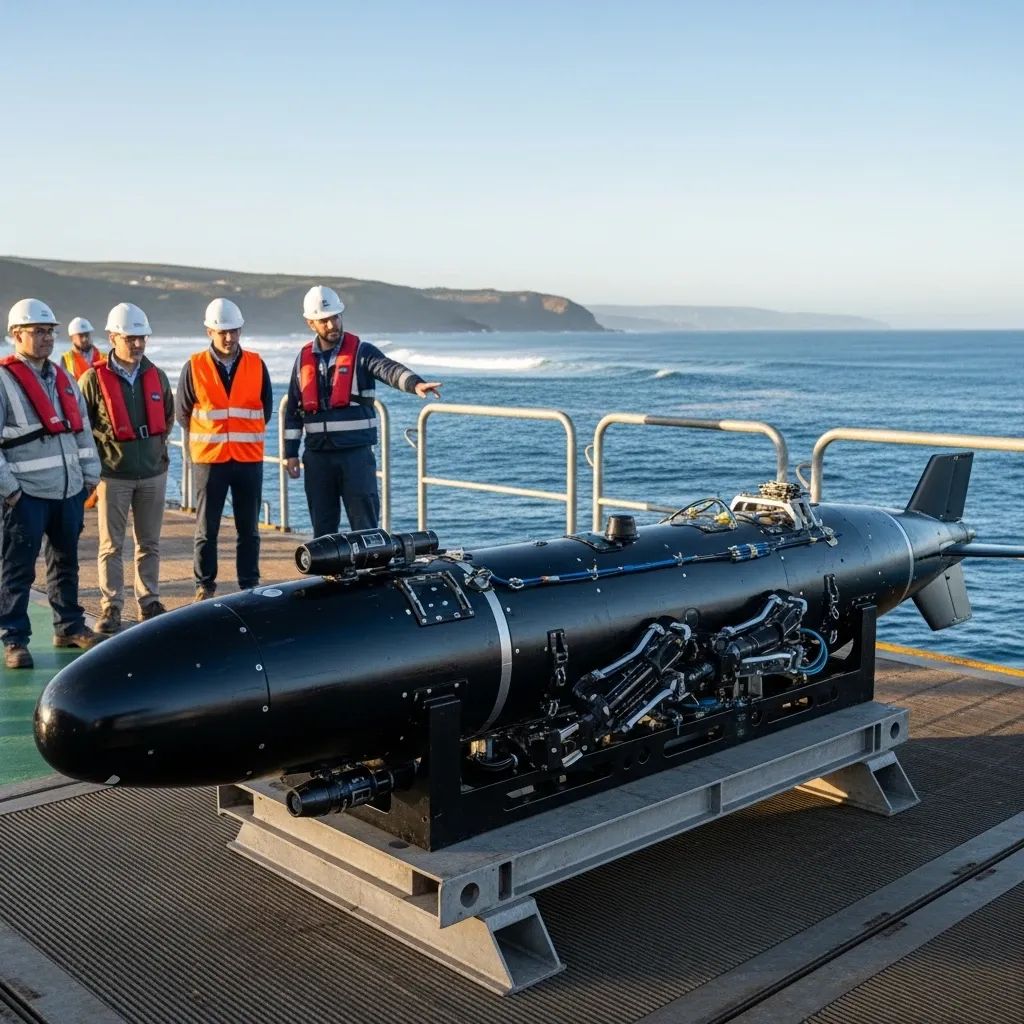 Underwater drone prototype on platform at a Portuguese coastal shipyard overlooking the Atlantic