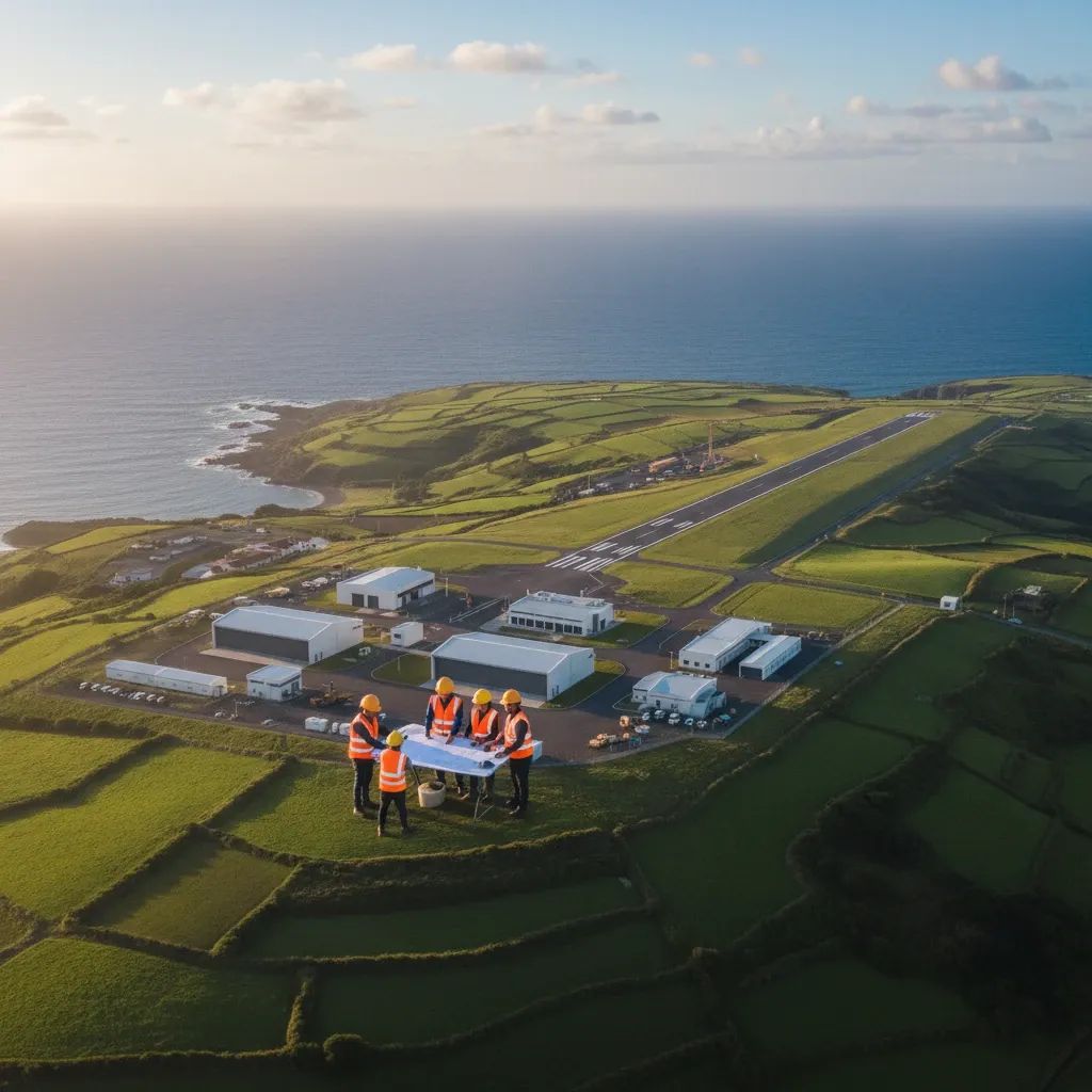Portuguese workers at Lajes Air Base discussing compensation and employment terms with Atlantic backdrop