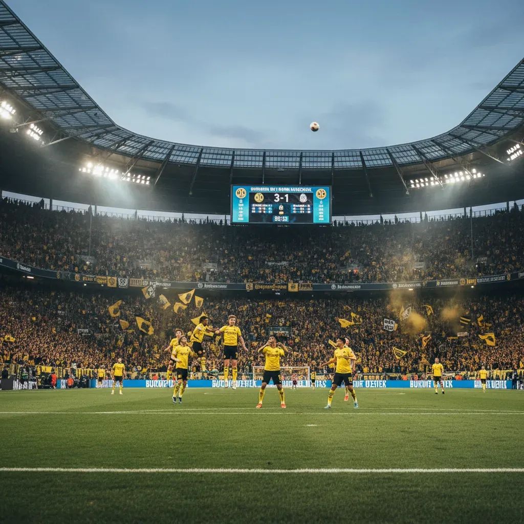 Bundesliga stadium during match with team colors and scoreboard visible