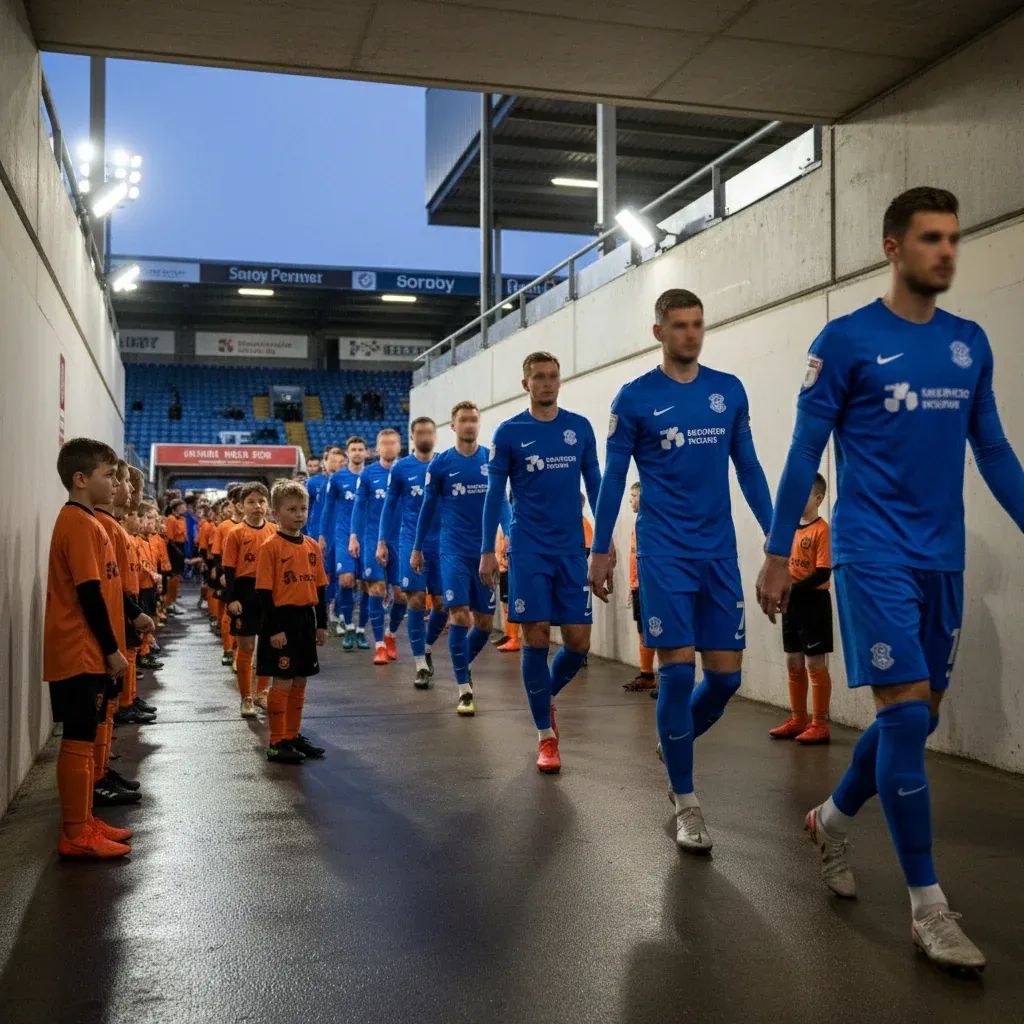 Child mascots in amber kits stand ignored as professional players in blue stream into a stadium tunnel