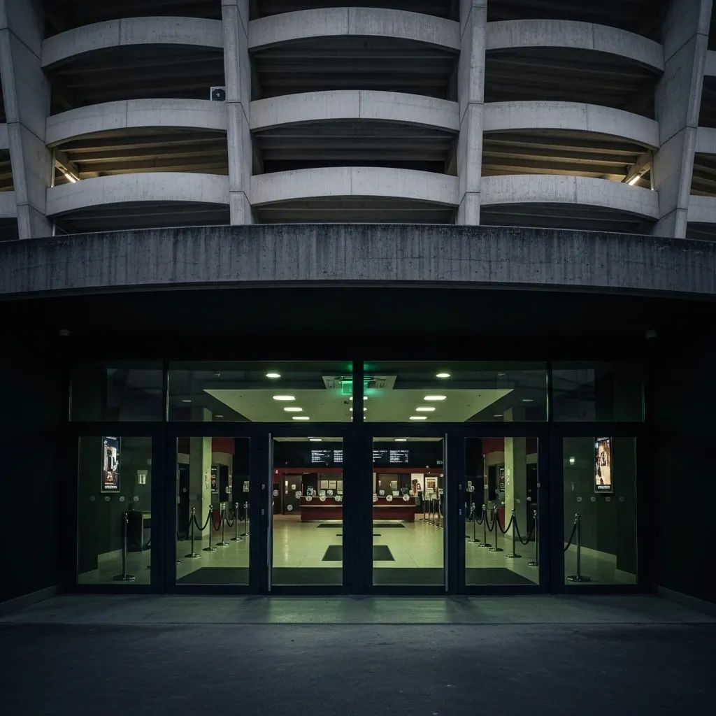 Darkened cinema entrance beneath a Lisbon stadium as the multiplex shuts down