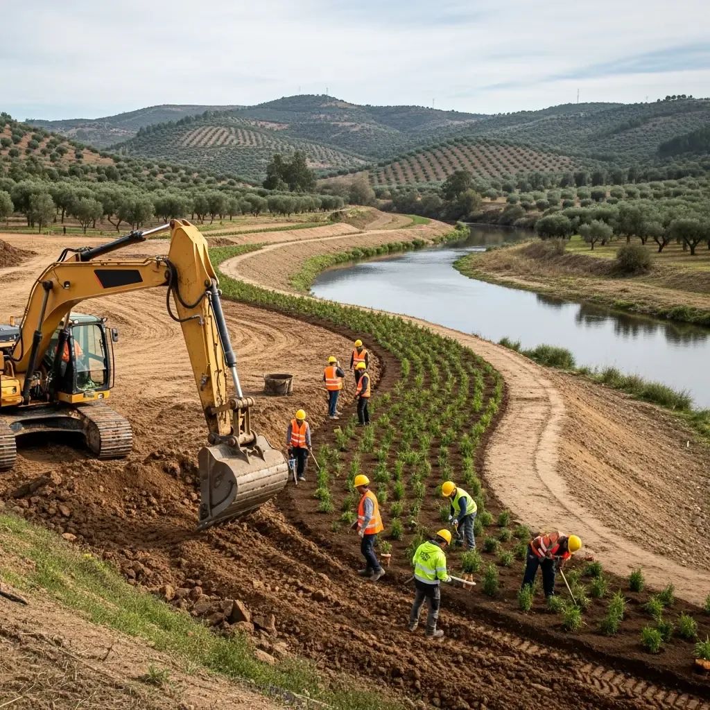 Heavy machinery reshaping a Portuguese riverbank with native plants for climate-resilient corridors