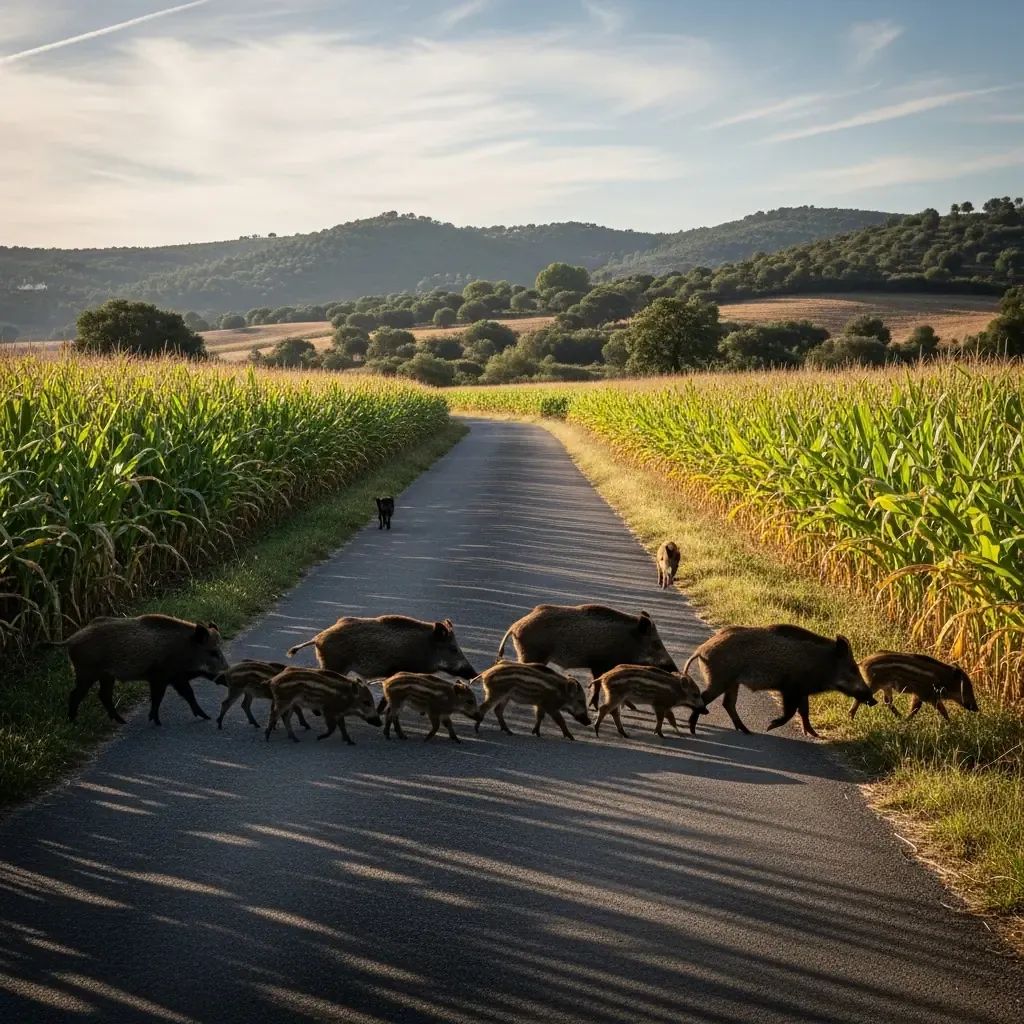 Herd of wild boar crossing a rural road beside Portuguese maize fields