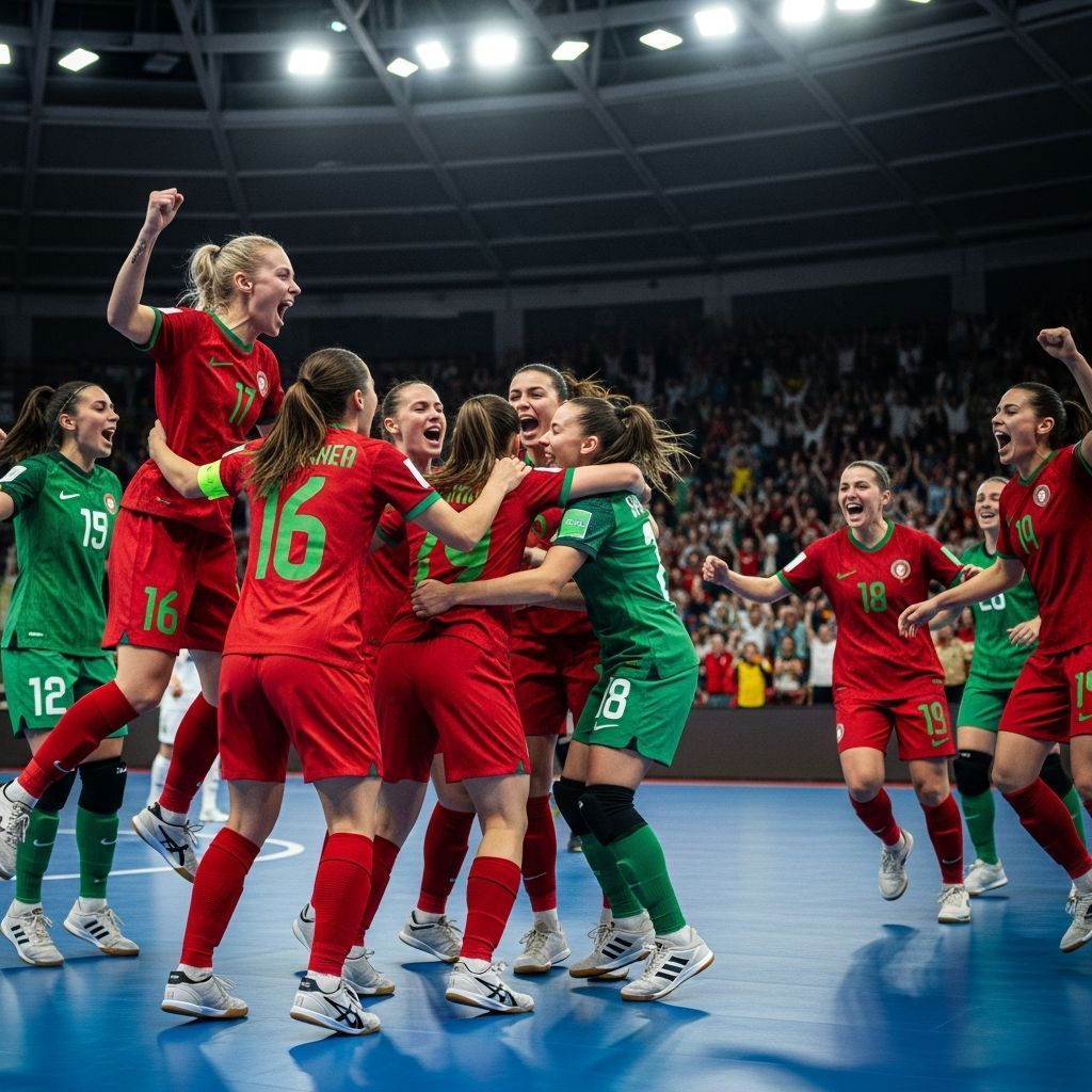 Portugal women’s futsal team celebrating a goal on an indoor court