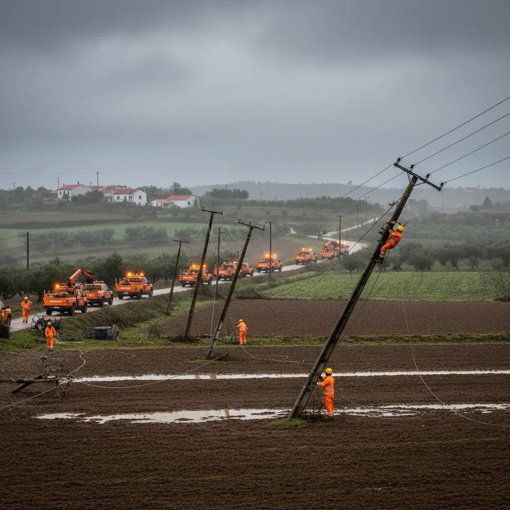 Damaged power lines and repair trucks in rural Portugal under cloudy post-storm skies
