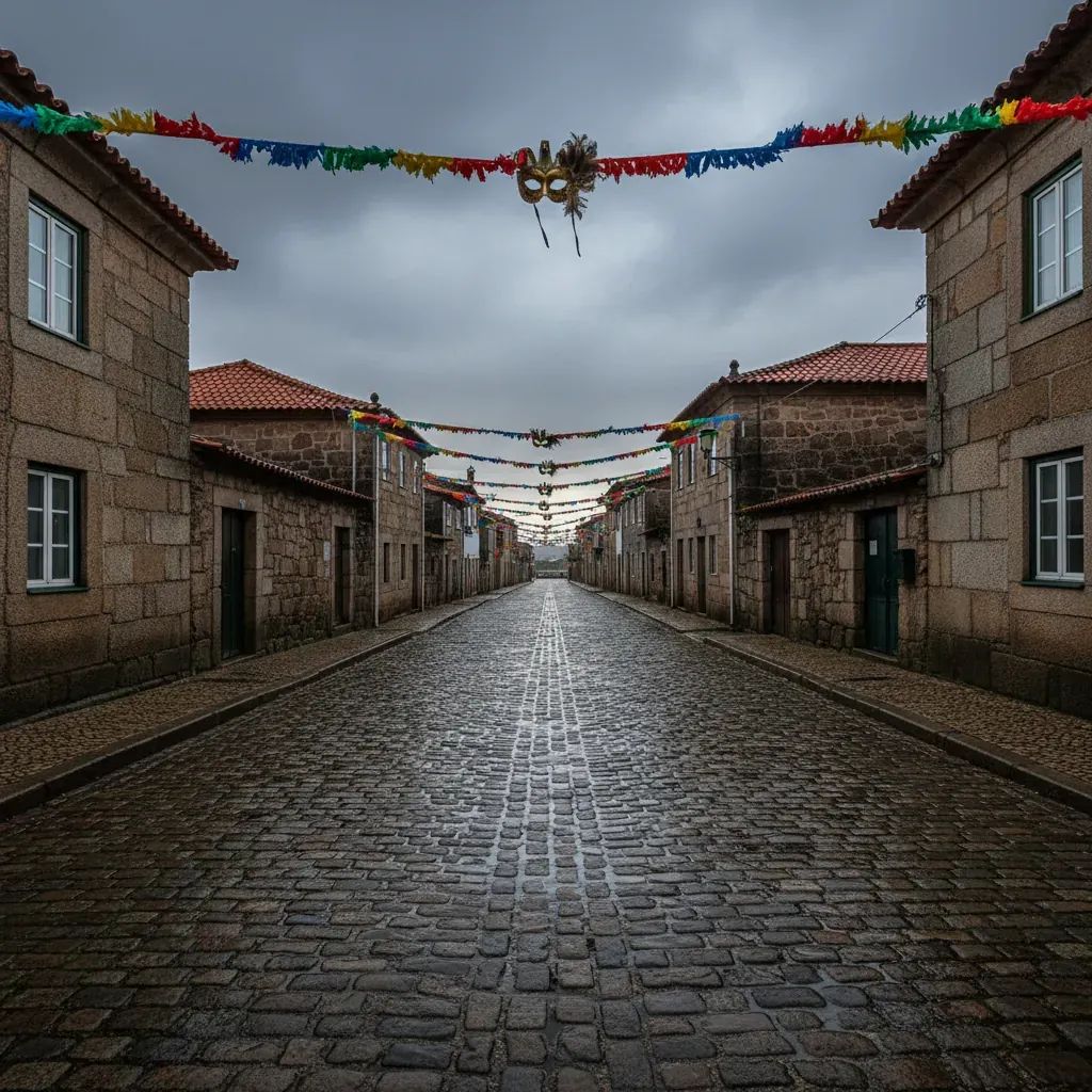 Empty Idanha-a-Nova street with wet cobblestones and abandoned Carnival decorations under grey stormy sky