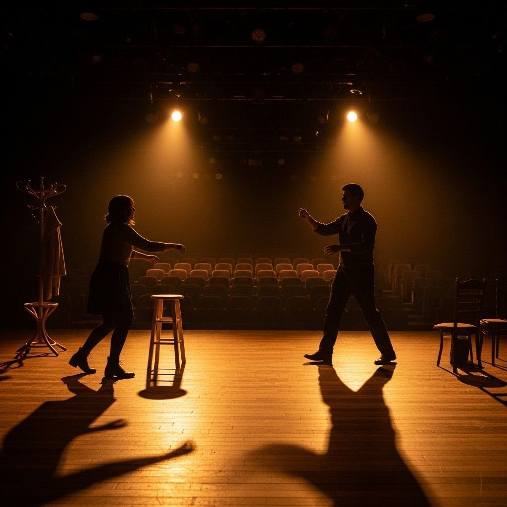 Silhuetas de atores em palco minimalista iluminado por holofotes quentes num pequeno teatro