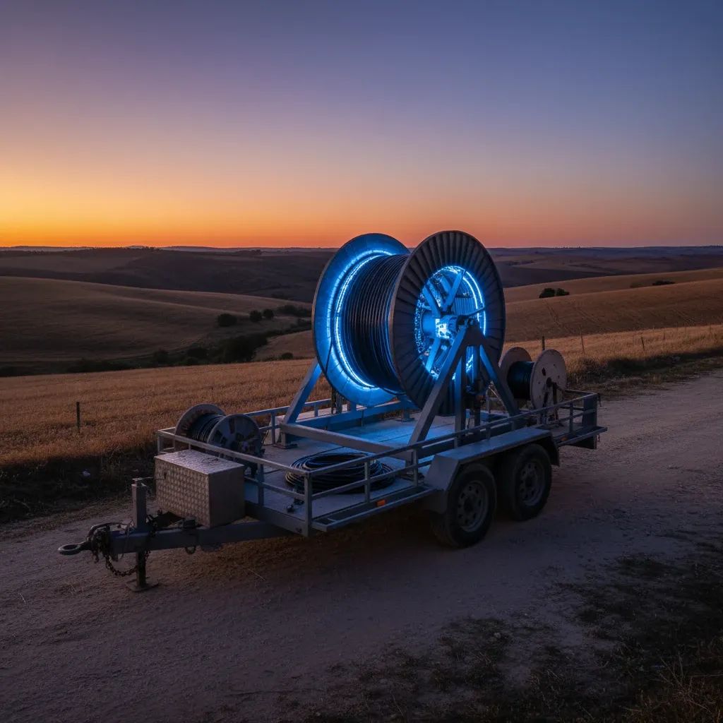Glowing fiber-optic cable spool in rural Alentejo landscape at dusk