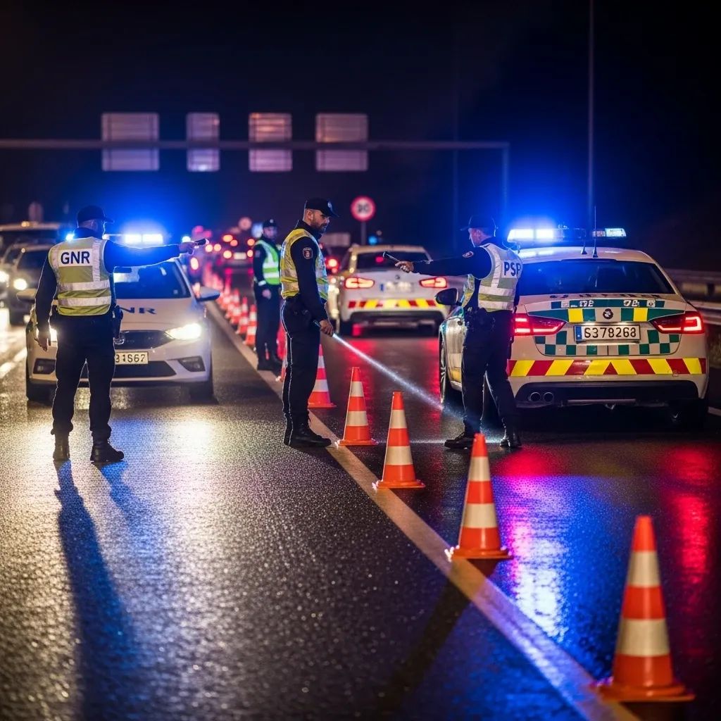 Portuguese police officers directing traffic at a nighttime highway checkpoint