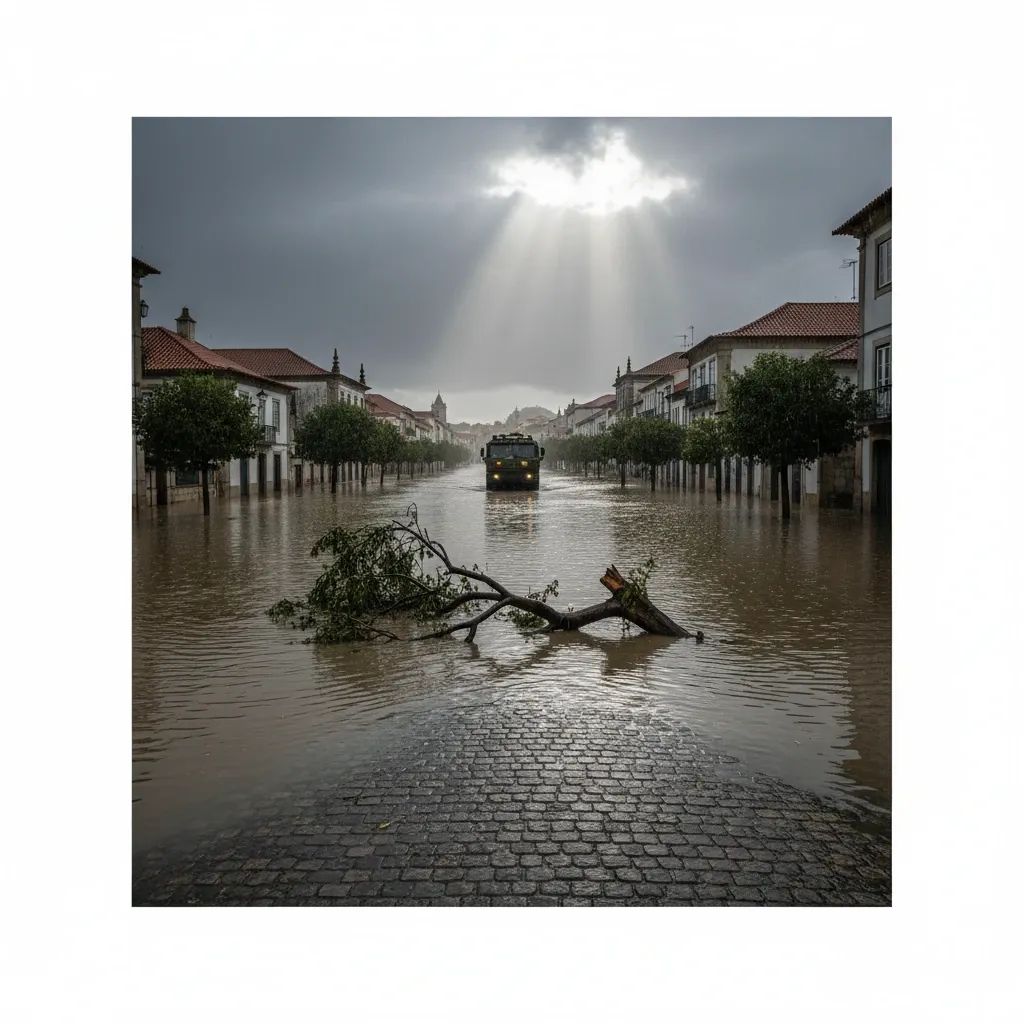 Flooded Portuguese street under stormy sky with fallen tree branch