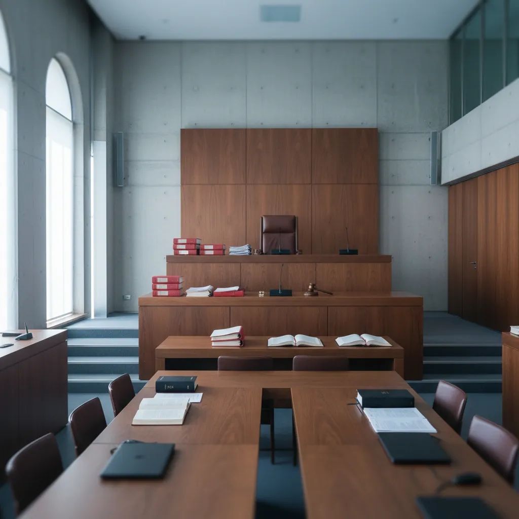 Portuguese courtroom with judicial bench and legal documents on desk