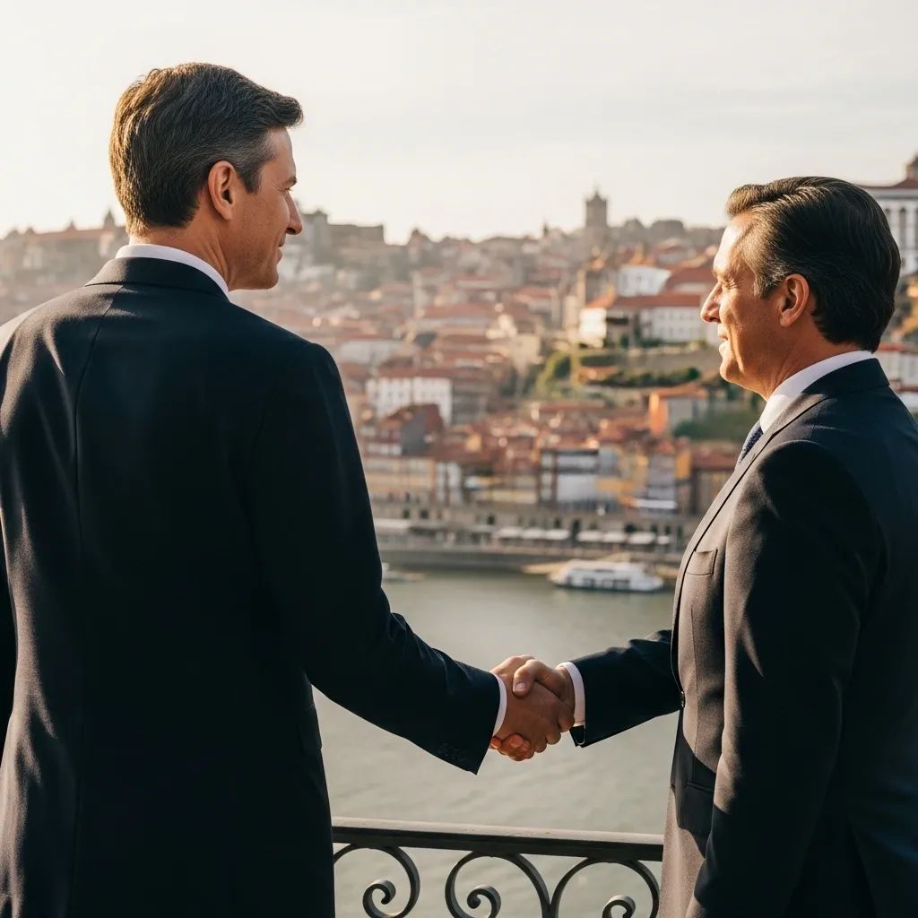 Two diplomats shaking hands on a balcony overlooking Porto’s Douro River