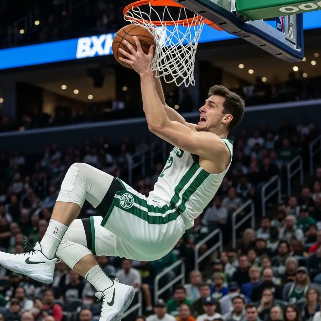 Basketball player in green-and-white uniform executing an alley-oop dunk in a packed indoor arena