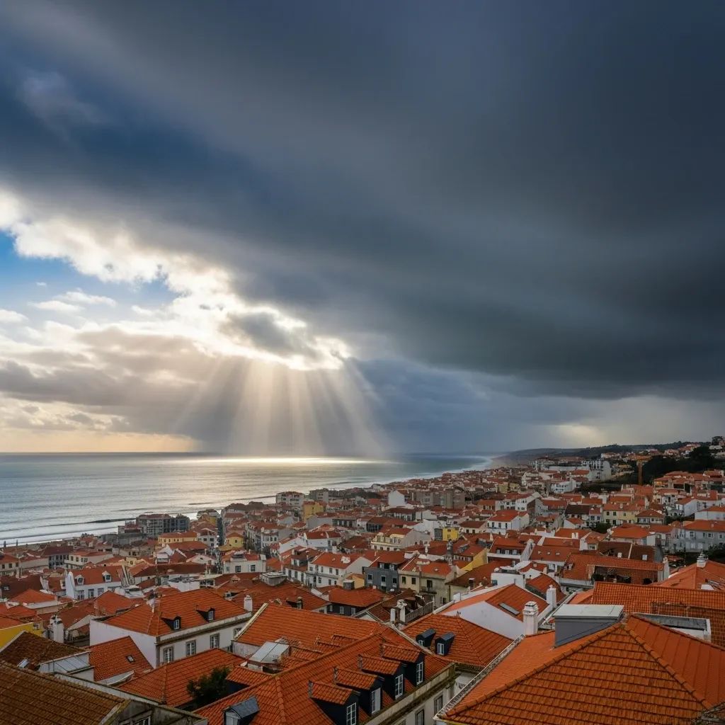 Portuguese coastal town with sunlit rooftops and dark rain clouds overhead