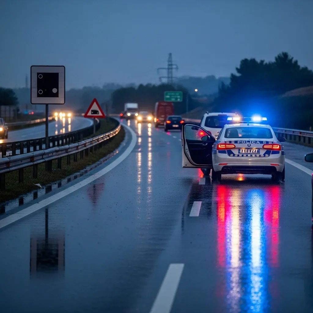 Police patrol car with flashing lights on a wet Portuguese motorway at dusk