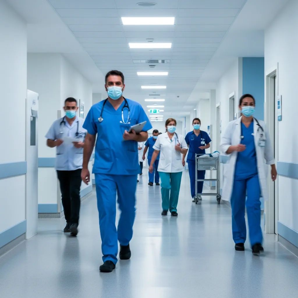 Healthcare workers in modern hospital corridor illustrating Portugal's healthcare system pressures
