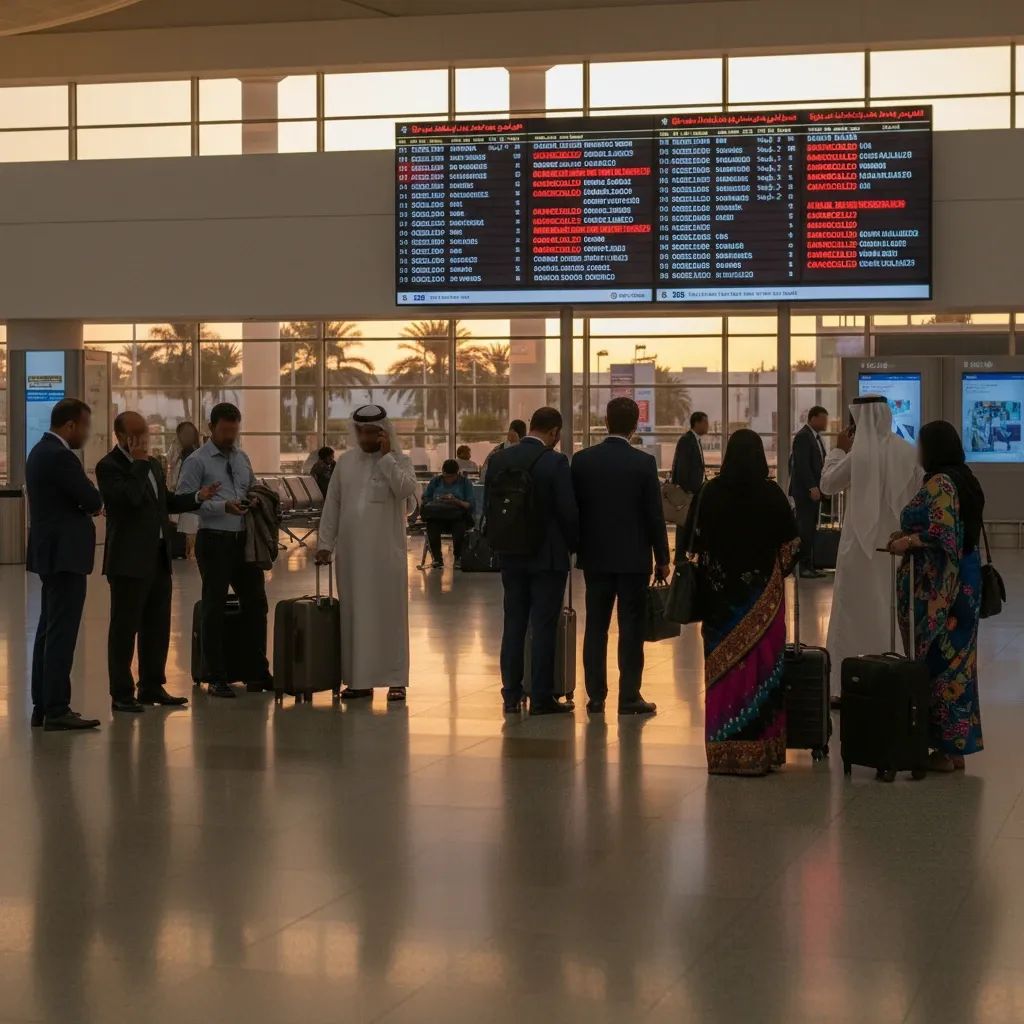 Airport terminal showing flight cancellations and stranded travelers during Middle East travel disruptions