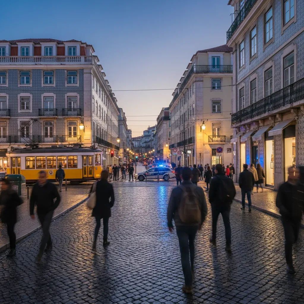 Emergency response scene on historic Lisbon street in Chiado district after vehicle incident