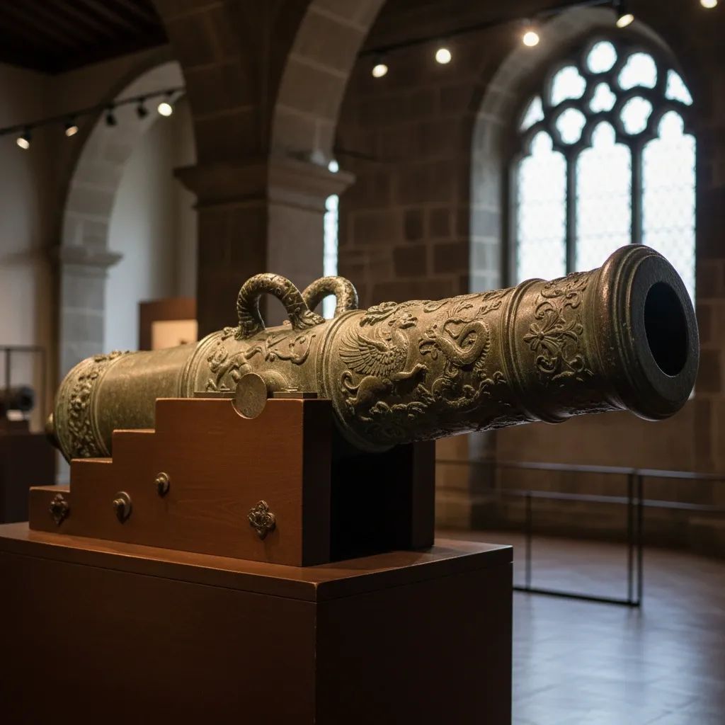 Historic 16th-century bronze cannon displayed in museum setting with detailed metalwork visible
