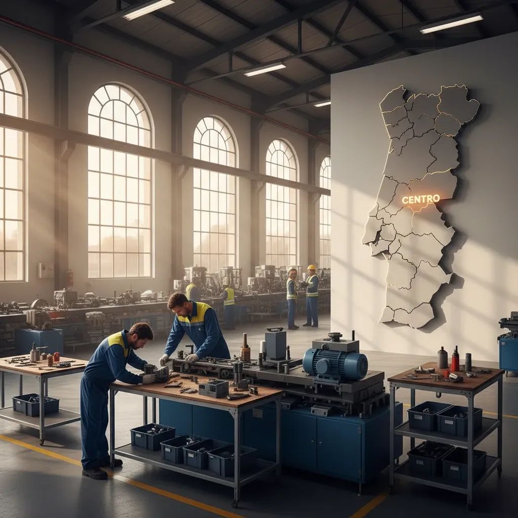 Manufacturing facility in Portugal's Centro region with workers preparing for industrial recovery