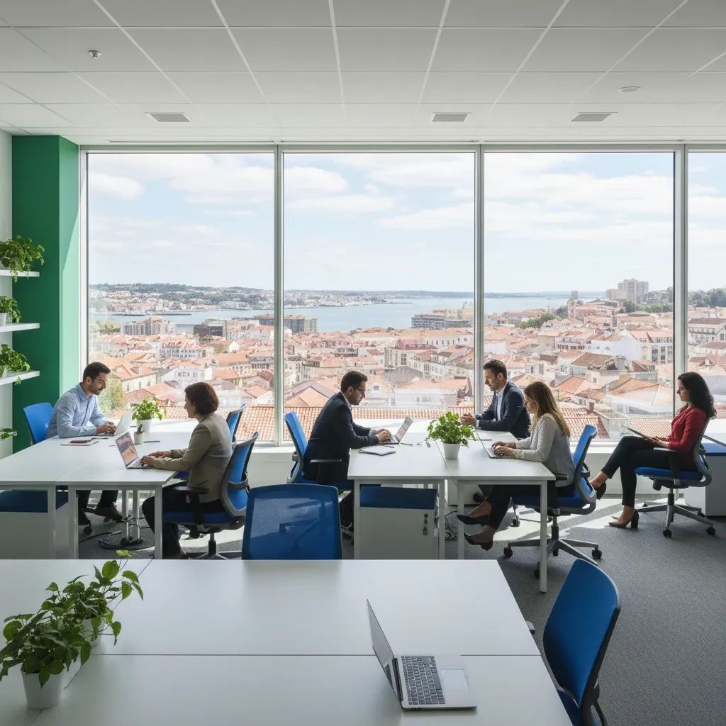 Diverse professionals working in modern office setting with Portugal cityscape view in background