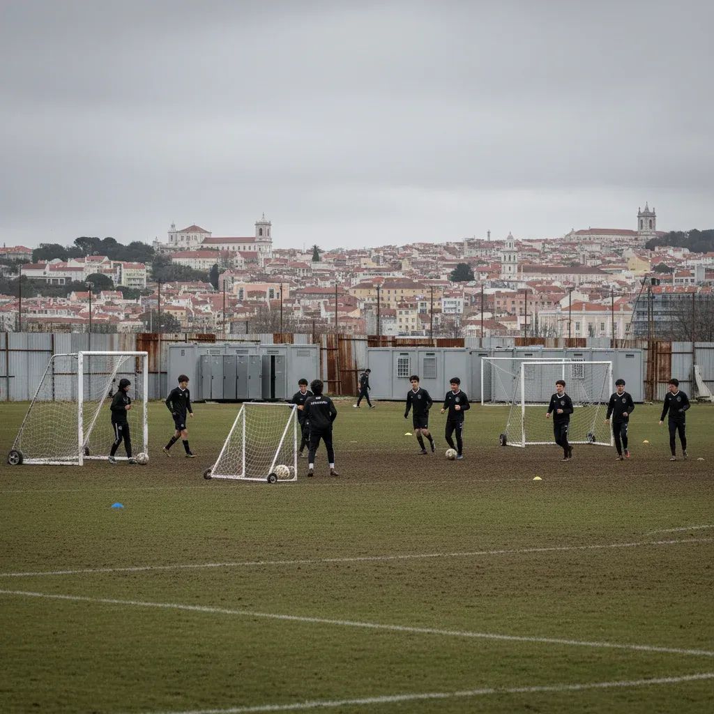 Youth football players training at makeshift facilities in Lisbon's Carnide district