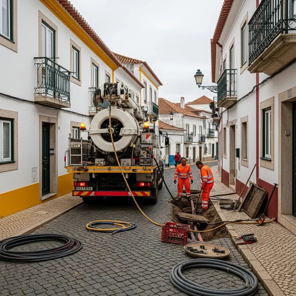Utility truck and workers near open manhole on Portuguese street during water maintenance