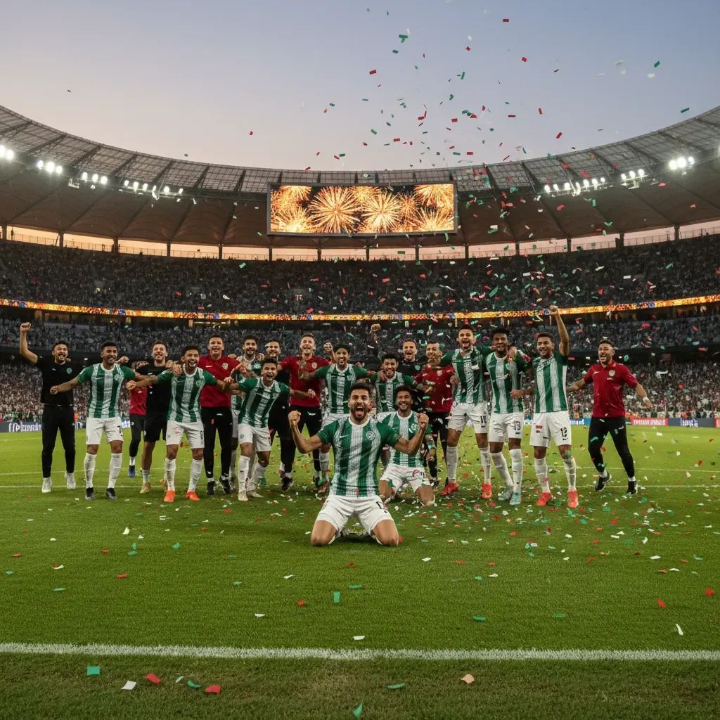 Football celebration moment at Saudi Pro League match showing Al Nassr's victory atmosphere