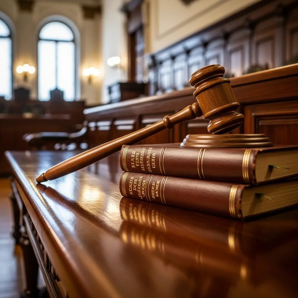 Judge's gavel on legal volumes in a Portuguese courtroom setting
