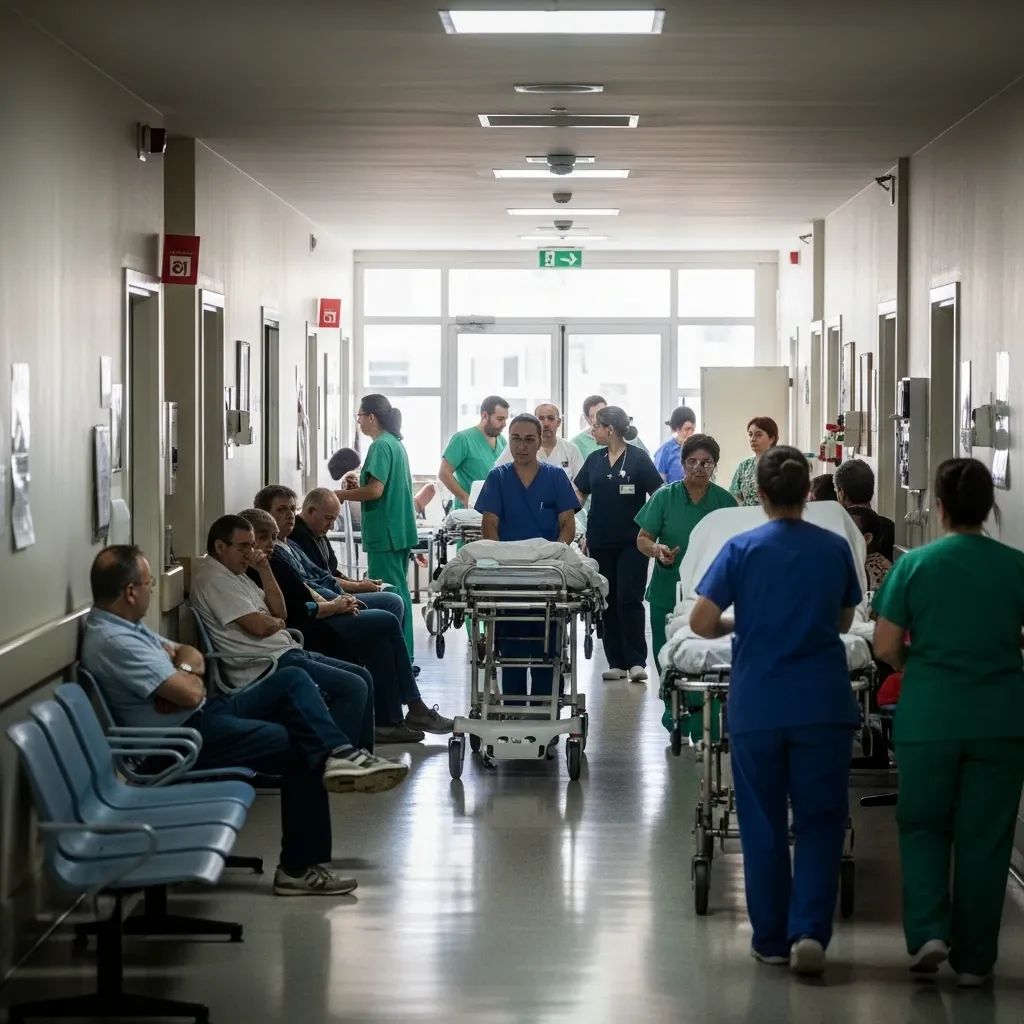 Busy hospital emergency corridor in Portugal with medical staff and waiting patients during holiday period