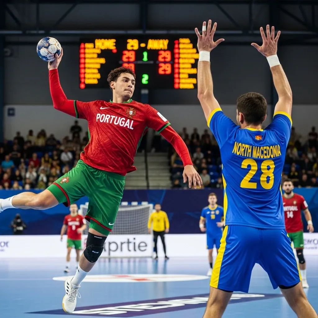 Portuguese handball player and North Macedonian defender battling under a 29-29 scoreboard