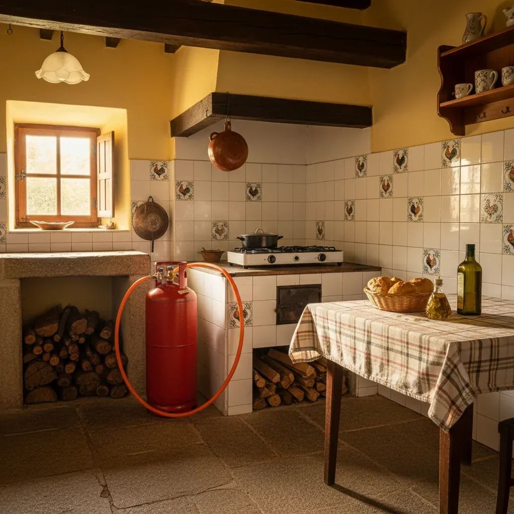 LPG gas cylinder in a Portuguese rural kitchen setting, illustrating household energy costs and heating solutions