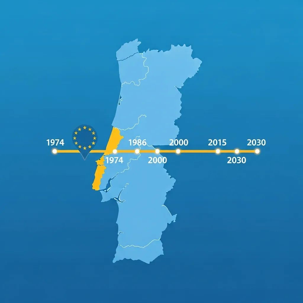 Stylized map of Portugal with timeline markers and EU stars illustrating 40 years of EU membership