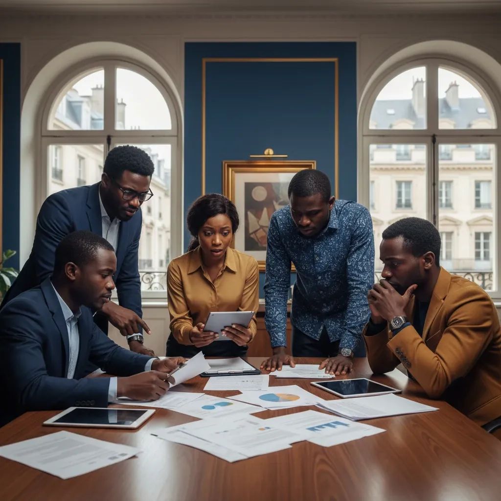 African individuals examining employment contracts with serious expressions in modern office setting