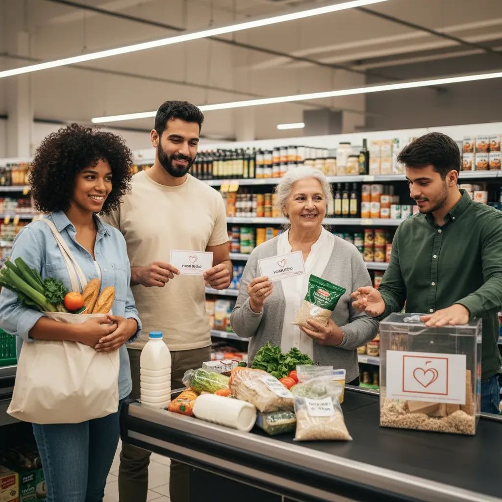 Shoppers making micro-donations at supermarket checkout counter for Portuguese Red Cross food assistance campaign