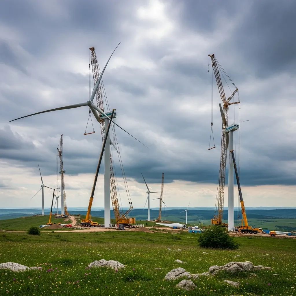 Wind turbines under construction in a Romanian countryside wind farm project