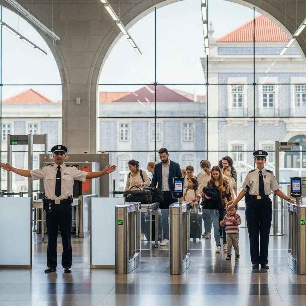 GNR officers guiding passengers at a Lisbon airport security checkpoint