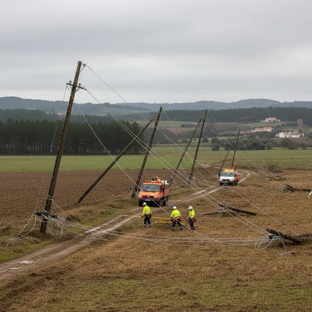 Damaged power lines in rural Leiria with utility crews repairing after a severe storm
