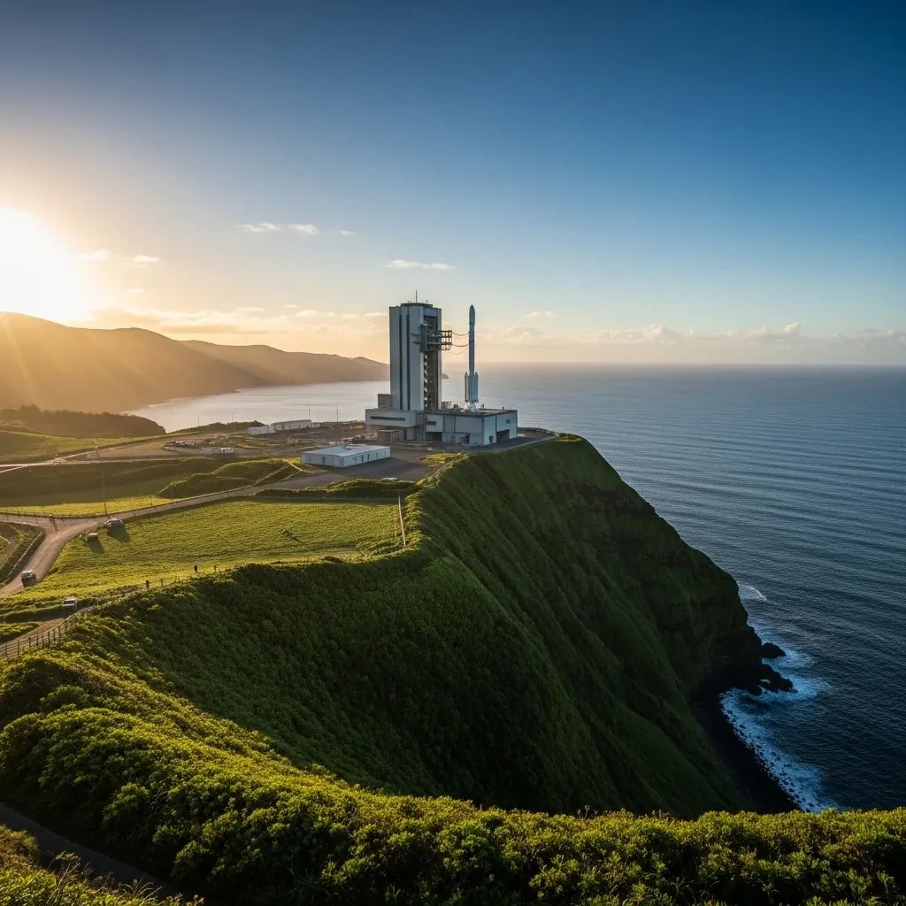 Coastal rocket launch pad on Santa Maria cliff in the Azores overlooking the Atlantic Ocean