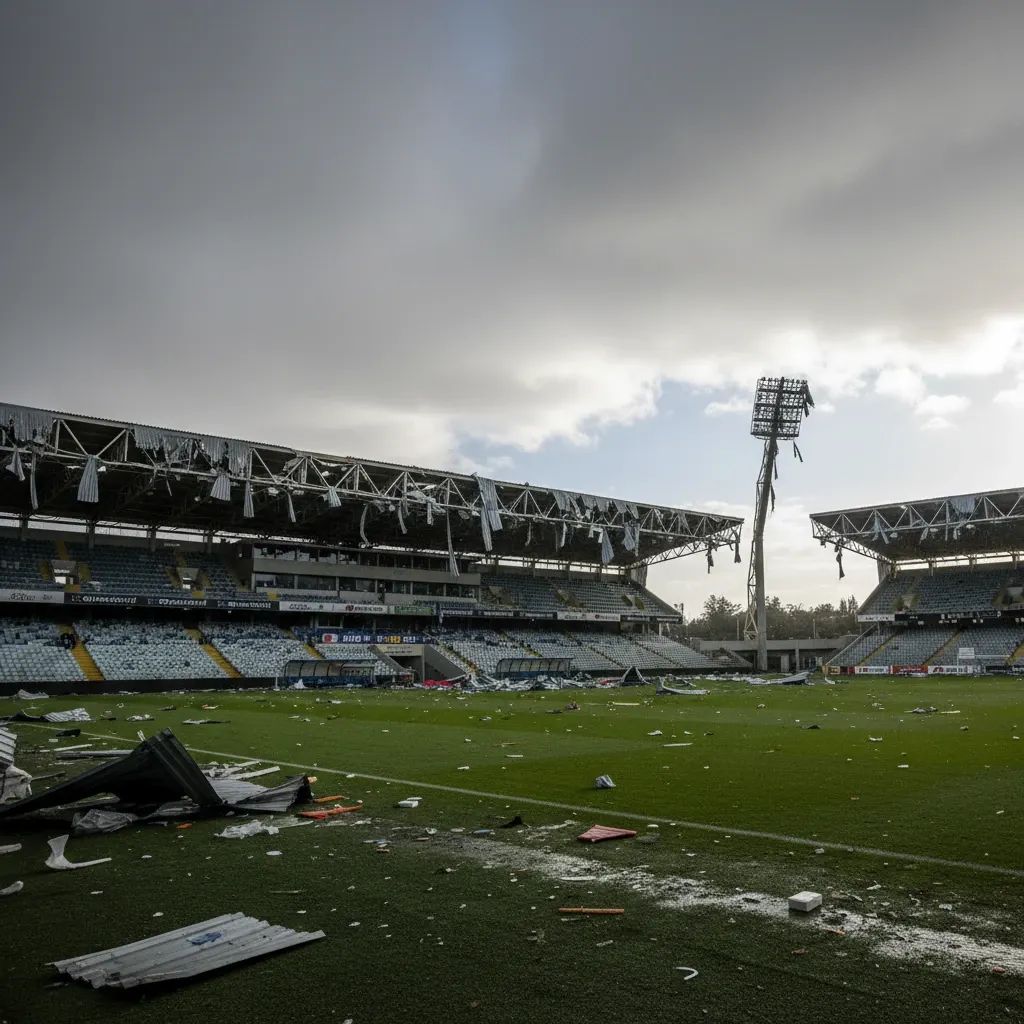 Portuguese football stadium with ripped roof panels and debris on the pitch after a severe storm